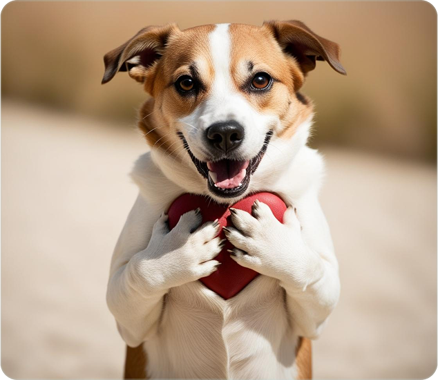 Happy dog holding a red heart toy
