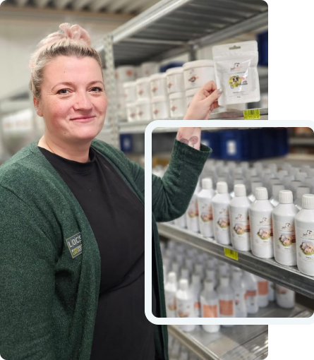 Woman in a warehouse with pet food products