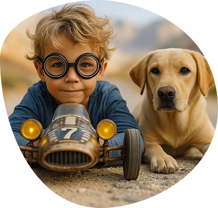 Boy and dog in a toy car