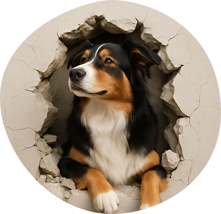 Dog breaking through a wall