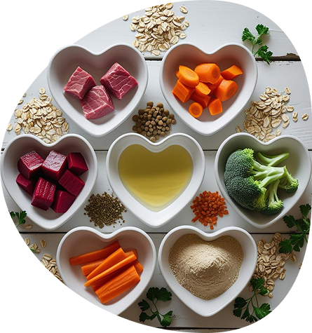 Bowls of fresh pet food ingredients